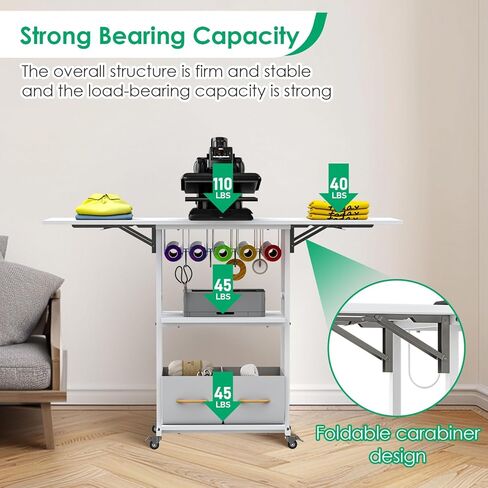 jxgzyy طاولة الضغط الحراري تنظيم الطاولة وعربة التخزين مع عجلات 3 طبقات قابلة للطي مكتب حامل الضغط الحراري مع حامل لفافة الفينيل لغرفة الحرف اليدوية المنزلية، آلة نقل التسامي DIY in Kuwait
