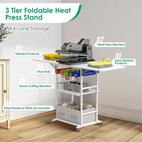 jxgzyy طاولة الضغط الحراري تنظيم الطاولة وعربة التخزين مع عجلات 3 طبقات قابلة للطي مكتب حامل الضغط الحراري مع حامل لفافة الفينيل لغرفة الحرف اليدوية المنزلية، آلة نقل التسامي DIY in Kuwait