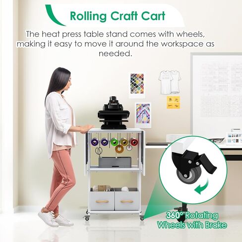 jxgzyy طاولة الضغط الحراري تنظيم الطاولة وعربة التخزين مع عجلات 3 طبقات قابلة للطي مكتب حامل الضغط الحراري مع حامل لفافة الفينيل لغرفة الحرف اليدوية المنزلية، آلة نقل التسامي DIY in Kuwait