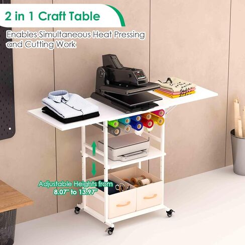 jxgzyy طاولة الضغط الحراري تنظيم الطاولة وعربة التخزين مع عجلات 3 طبقات قابلة للطي مكتب حامل الضغط الحراري مع حامل لفافة الفينيل لغرفة الحرف اليدوية المنزلية، آلة نقل التسامي DIY in Kuwait