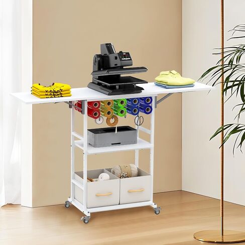 jxgzyy طاولة الضغط الحراري تنظيم الطاولة وعربة التخزين مع عجلات 3 طبقات قابلة للطي مكتب حامل الضغط الحراري مع حامل لفافة الفينيل لغرفة الحرف اليدوية المنزلية، آلة نقل التسامي DIY in Kuwait