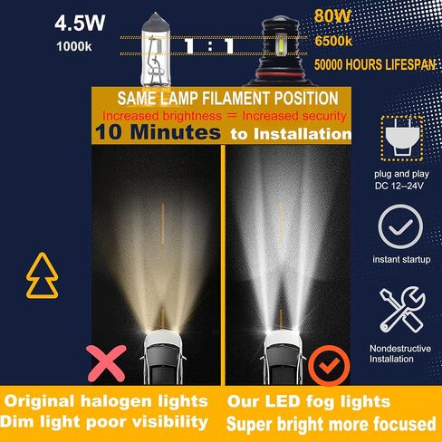 قطعتان من مصابيح الضباب LED H7، 6500 كيلو زينون أبيض فائق السطوع عالي الطاقة 80 وات CSP1860، مقاومة للماء IP68، سهلة التركيب والتشغيل متوافقة مع معظم موديلات السيارات in Saudi Arabia