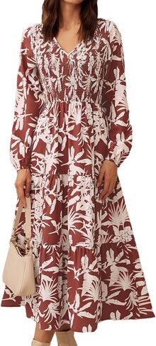 GRACE KARIN Women's Long Sleeve Dress Fall V Neck Smocked Tiered A-Line Dresses Formal Cocktail Wedding Guest Maxi Dress in Saudi Arabia