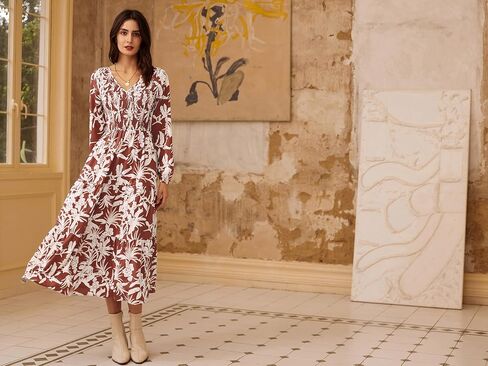 GRACE KARIN Women's Long Sleeve Dress Fall V Neck Smocked Tiered A-Line Dresses Formal Cocktail Wedding Guest Maxi Dress in Saudi Arabia