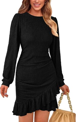 PRETTYGARDEN Women's Fall Ruched Bodycon Mini Dress Long Puff Sleeve Ruffle Fitted Cocktail Party Dresses in Saudi Arabia