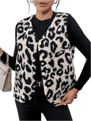 MakeMeChic Women's Fleece Fuzzy Vest Leopard Print V Neck Button Down Sleeveless Jacket Waistcoat Vest in Saudi Arabia
