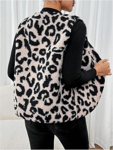 MakeMeChic Women's Fleece Fuzzy Vest Leopard Print V Neck Button Down Sleeveless Jacket Waistcoat Vest in Saudi Arabia
