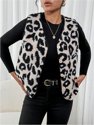 MakeMeChic Women's Fleece Fuzzy Vest Leopard Print V Neck Button Down Sleeveless Jacket Waistcoat Vest in Saudi Arabia