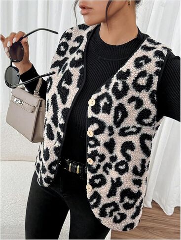 MakeMeChic Women's Fleece Fuzzy Vest Leopard Print V Neck Button Down Sleeveless Jacket Waistcoat Vest in Saudi Arabia