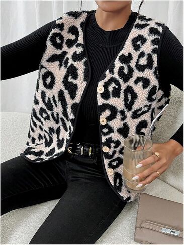 MakeMeChic Women's Fleece Fuzzy Vest Leopard Print V Neck Button Down Sleeveless Jacket Waistcoat Vest in Saudi Arabia
