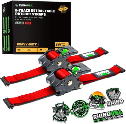 Rhino USA 2"x10’ Retractable E-Track Ratchet Straps: 3033lb Max Break Strength Compatible with E Track Rail Systems only– Perfect for UTV’s, ATV’s and Other Cargo (Red - 2 Pack) in Saudi Arabia