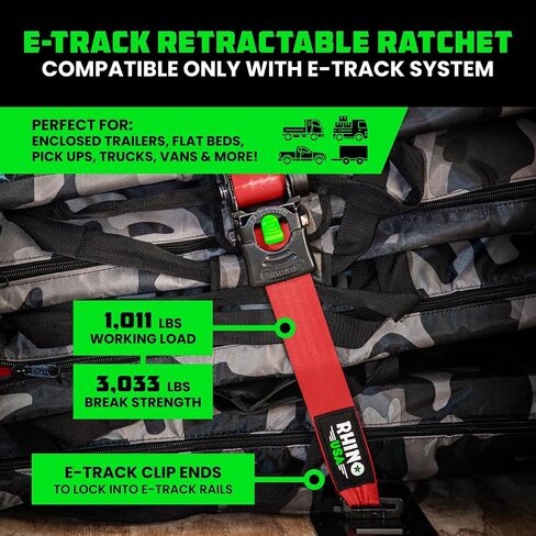 Rhino USA 2"x10’ Retractable E-Track Ratchet Straps: 3033lb Max Break Strength Compatible with E Track Rail Systems only– Perfect for UTV’s, ATV’s and Other Cargo (Red - 2 Pack) in Saudi Arabia