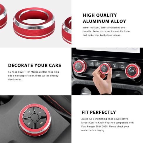 غطاء مقبض Auovo AC متوافق مع ملحقات Ford Ranger 2024 2025 أوضاع القيادة وغطاء مقبض تكييف الهواء وحلقات مقبض التحكم في المناخ (أحمر) in Kuwait