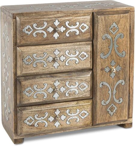 GG Wood Inlay 4-Drwr Jewelry Box Home Decor, 13.75InL x 7.25InW x 13.75InH, Brown in Saudi Arabia