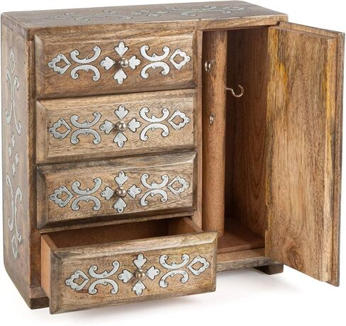 GG Wood Inlay 4-Drwr Jewelry Box Home Decor, 13.75InL x 7.25InW x 13.75InH, Brown in Saudi Arabia