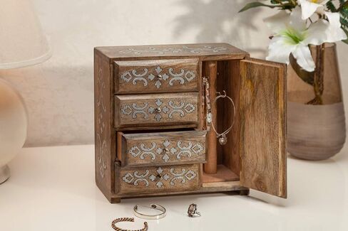 GG Wood Inlay 4-Drwr Jewelry Box Home Decor, 13.75InL x 7.25InW x 13.75InH, Brown in Saudi Arabia