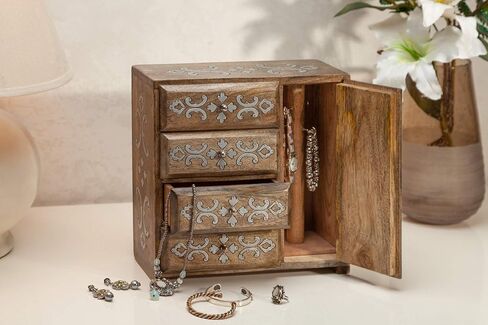 GG Wood Inlay 4-Drwr Jewelry Box Home Decor, 13.75InL x 7.25InW x 13.75InH, Brown in Saudi Arabia