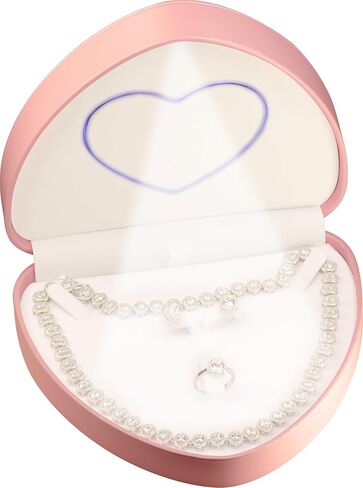 LED Black Necklace Pendant Ring Box for Engagement, Wedding…Unique Designed Heart to Heart Idea PU Leather Heart Shaped Necklace Earrings Ring Sets Jewelry Gift Holder Box with Light for Men for Women in Kuwait