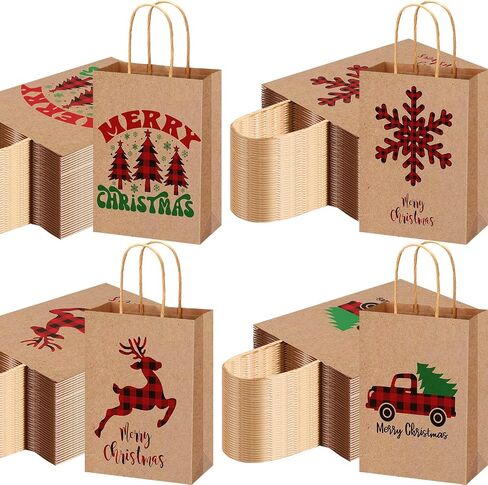 Yeaqee 100 Pcs Christmas Kraft Gift Bags Bulk Xmas Holiday Paper Gift Bags with Handle Plaid Candy Treat Party Favor Bags for Christmas New Year Presents Wrapping Party Favor Supplies Decor in Saudi Arabia