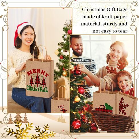 Yeaqee 100 Pcs Christmas Kraft Gift Bags Bulk Xmas Holiday Paper Gift Bags with Handle Plaid Candy Treat Party Favor Bags for Christmas New Year Presents Wrapping Party Favor Supplies Decor in Saudi Arabia