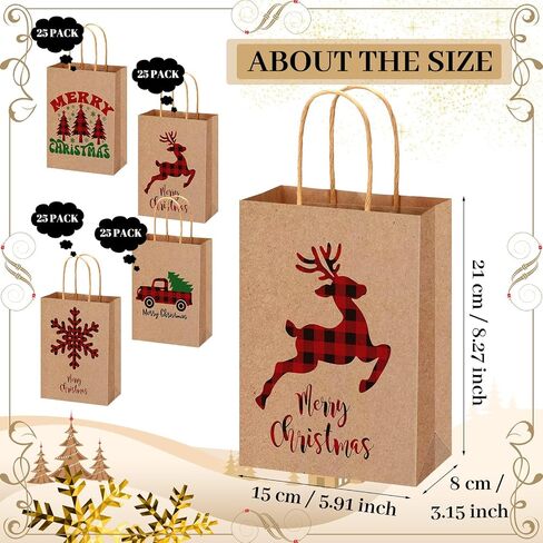 Yeaqee 100 Pcs Christmas Kraft Gift Bags Bulk Xmas Holiday Paper Gift Bags with Handle Plaid Candy Treat Party Favor Bags for Christmas New Year Presents Wrapping Party Favor Supplies Decor in Saudi Arabia