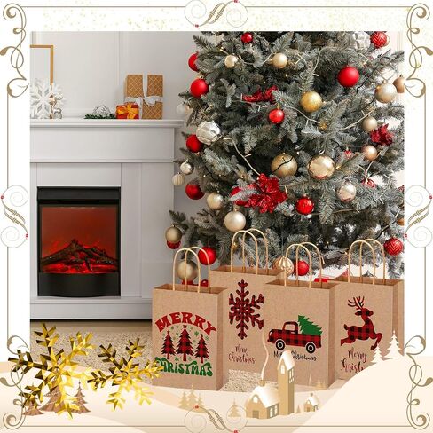 Yeaqee 100 Pcs Christmas Kraft Gift Bags Bulk Xmas Holiday Paper Gift Bags with Handle Plaid Candy Treat Party Favor Bags for Christmas New Year Presents Wrapping Party Favor Supplies Decor in Saudi Arabia