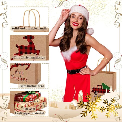 Yeaqee 100 Pcs Christmas Kraft Gift Bags Bulk Xmas Holiday Paper Gift Bags with Handle Plaid Candy Treat Party Favor Bags for Christmas New Year Presents Wrapping Party Favor Supplies Decor in Saudi Arabia