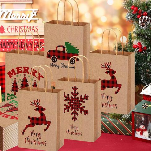 Yeaqee 100 Pcs Christmas Kraft Gift Bags Bulk Xmas Holiday Paper Gift Bags with Handle Plaid Candy Treat Party Favor Bags for Christmas New Year Presents Wrapping Party Favor Supplies Decor in Saudi Arabia