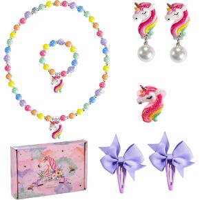 Handmade Unicorn Kids Jewelry Set for Little Girls - Elastic Necklace Bracelet - Clip On Earrings - Adjustable Rings - Bow Hair Clips - Birthday Dressup Childrens Costume w/Box Bags