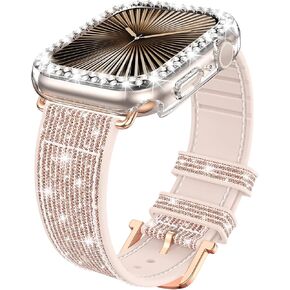 Goton Bling Silicone Case Band for Apple Watch 40mm Series 6 5 4 SE Bands with Bumper [No Screen Protector], Women Glitter Silicone Strap + Edge Protector Clear Cover Accessories 40mm Silver