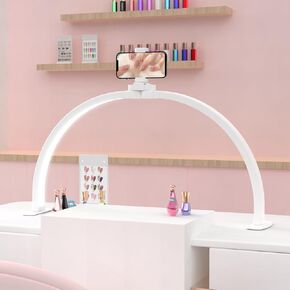 Half Moon Light for Nail Desk with Phone Holder 29In 38W Nail Lamp for Desk with Wire Controller Adjustable Color Temperature and Brightness for Beauty Care, Nail Art, Tattoo, Crafting, White