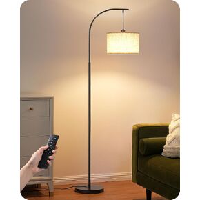 EDISHINE Modern Arc Floor Lamp with Beige Linen Drum Shade & Heavy Base, Dimmable Black Reading Light, Remote Control Bulb Included, Tall Standing Lamp for Reading, Office, Lighting