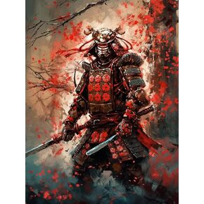 Generic Japanese Armored Samurai Anime Asian Warrior Figure Red Plum Blossom Vintage 5D Adult Diamond Art,DIY Diamond Art Painting Kit for Decor Canvas 15.7x11.7inch/40x30cm（1）