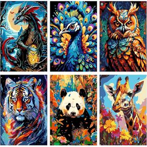 UMOART 6 Packs Animals Paint by Numbers Kits for Adults Beginners, Easy Acrylic Painting by Number Kits Animals, Oil Painting Art on Canvas Without Frame for Home Wall Decor 7.8x11.8inch