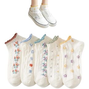 Women Summer Socks Cute Floral Sock Kawaii Ankle Sock Low Cut Ruffle Casual Crew Sock Soft Cotton Sock Girl 5 Pairs