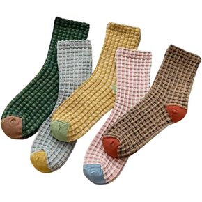 Calf Socks 5 Pairs for Women 5-10 Cute Casual Chic Trendy Retro Soft Vintage Daily Thin Grid Cotton Novelty