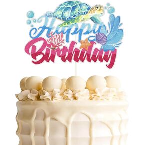 Colorful Glitter Sea Turtle Happy Birthday Cake Topper,Turtle Swimming Sea Creatures Cake Decor, Ocean Sea Themed for Baby Shower Kids Happy Birthday Party Decorations