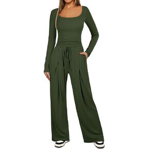 Lingswallow Women's 2 Piece Lounge Sets Fall Square Neck Long Sleeve Crop Tops Wide Leg Pants Woman Casual Outfits Tracksuit
