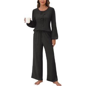 Blooming Jelly Womens Cute 2 Piece Pajama Sets Ribbed Bow Tie Lounge Set Fleece Long Puff Sleeve Pj Sleepwear Pockets in Saudi Arabia