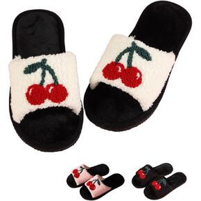 Cherry Slippers Women Slippers for Home House Bedroom Sandals Warm Fuzzy Plush Slides Flip Flop Indoor Outdoor Cherries Fruit Shoes