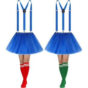Sintege 2 Set Women Blue Tutu Costume 5 Layered Tulle Tutu Skirt Y Back Suspender Knee High Sock for Halloween Party Cosplay