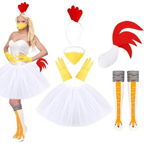 6 قطع زي الدجاج مجموعة الدجاج عقال ذيل الأنف قفازات توتو تنورة الجوارب للنساء هالوين الديك اللباس in Kuwait