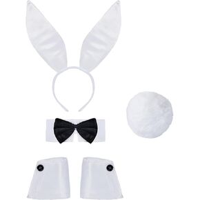 Bunny Costume Set - Bunny Ears Headband, Rabbit Tail, Bow Tie, Cuff Straps Accessories Kit 5 Piece