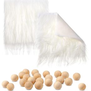 2 Pieces Faux Fur Fabric Squares and Wooden Balls Set Include 2 Pieces Fur Fabric Patches 20 Pieces Wood Craft Balls DIY Handmade Crafts Supplies for Gnome Crafting Sewing Costume (White)