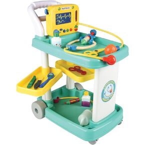 Constructive Playthings Deluxe Doctor Kit for Toddlers 3-5, Pretend Play Toy Medical Station, Includes Rolling Cart with Pullout Shelves and Medical Supplies, Blue & White, 15-Piece Kids Playset