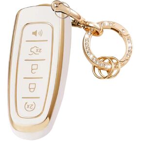 LEERLY Key Fob Cover with Anti-lost Keychain Compatible with Ford C-Max Edge Escape Expedition Explorer Flex Focus Taurus Lincoln MKS MKT MKX Navigator White