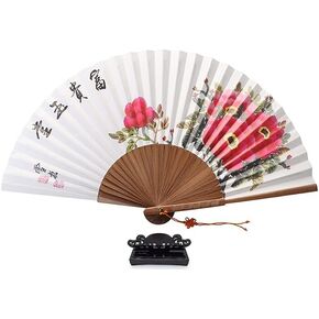NDM Korean Hand Painted Folding Traditional Fan Peony Blossom Painting 모란 목단 전통 부채 Wooden Asian Oriental Wall Deco Handheld Decorative Fan with Stand