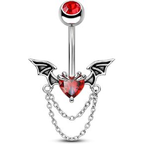 CM Crareesi Mania Halloween Belly Button Ring 316L Stainless Steel Belly Rings Double Chain 14G 10mm Bat Belly Piercing Jewelry Red CZ Navel Rings Heart Navel Piercing