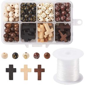 KISSITTY Rosary Making Kit Cross Rosary Beads 8mm Easter Round Wood Beads Acrylic Cross Spacers Beads & Cross Pendant Beads with 1 Roll Crystal Elastic Wire for DIY Jewelry Making About 211pcs/box