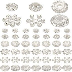 PH PandaHall 300PCS 6 Styles Metal Spacer Bead, Silver Alloy Daisy Beads Bicone Flower Beads Flat Rondelle Snowflake Loose Beads Charms for Bracelet Necklace Earring Jewelry Making Supplies